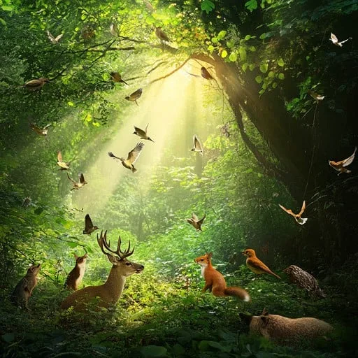 Happy animals in sunlit forest